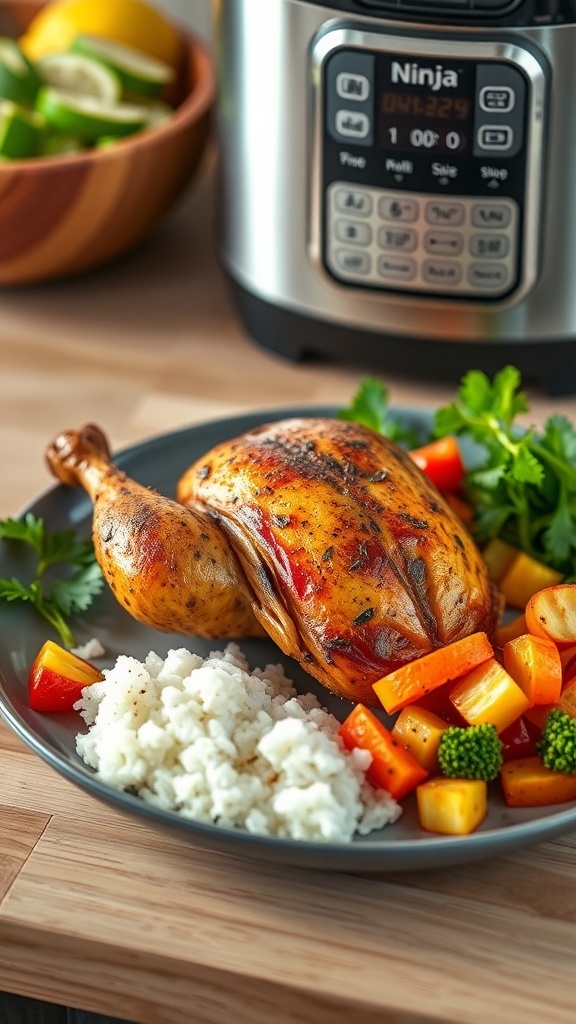 Versatile Ninja Foodi 8-in-1 Recipes A plate of roasted chicken, steamed vegetables, and rice with the Ninja Foodi appliance in the background.